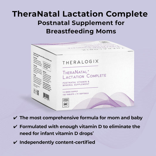 Theralogix TheraNatal label closeup shows key breastfeeding nutrients.