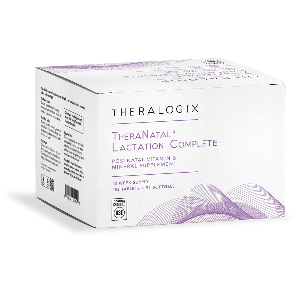 Theralogix TheraNatal lactation complete bottle supports postnatal nutrition.