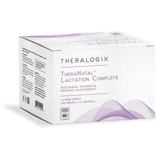 Theralogix TheraNatal lactation complete bottle supports postnatal nutrition.