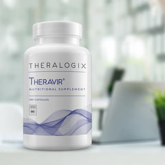 Theravir bottle on nightstand ready for daily regimen