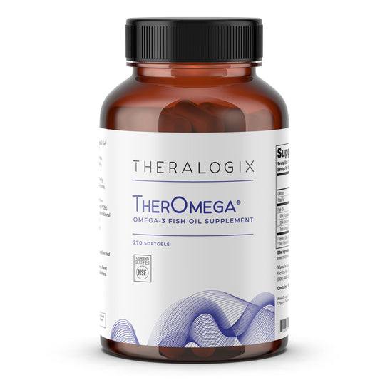 TherOmega bottle front with Theralogix logo and omega-3 focus