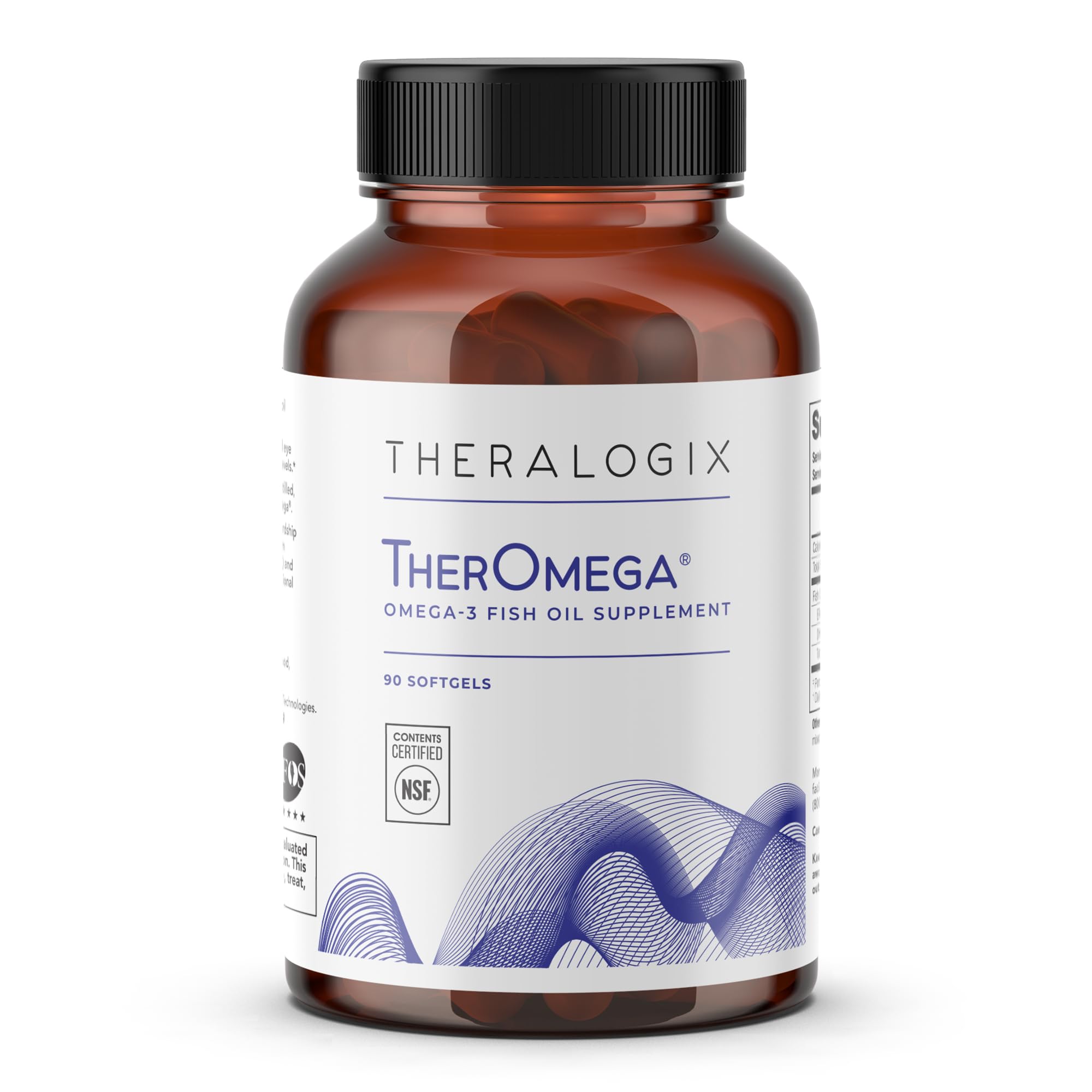 Theralogix TherOmega bottle open showing softgels for daily heart and brain support.