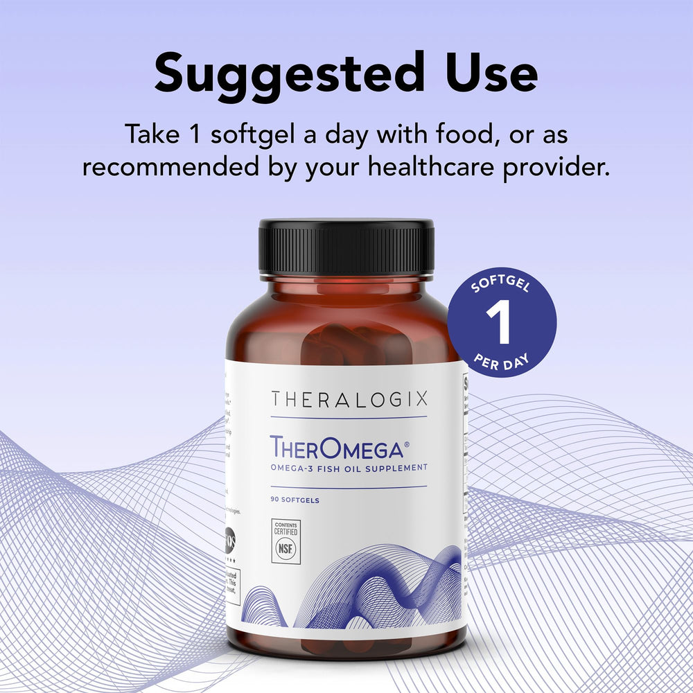 NSF certification badge beside the TherOmega bottle signaling potency and purity.