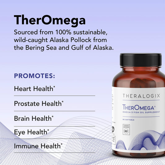 TherOmega softgel close-up highlighting DHA and EPA for heart and mobility benefits.