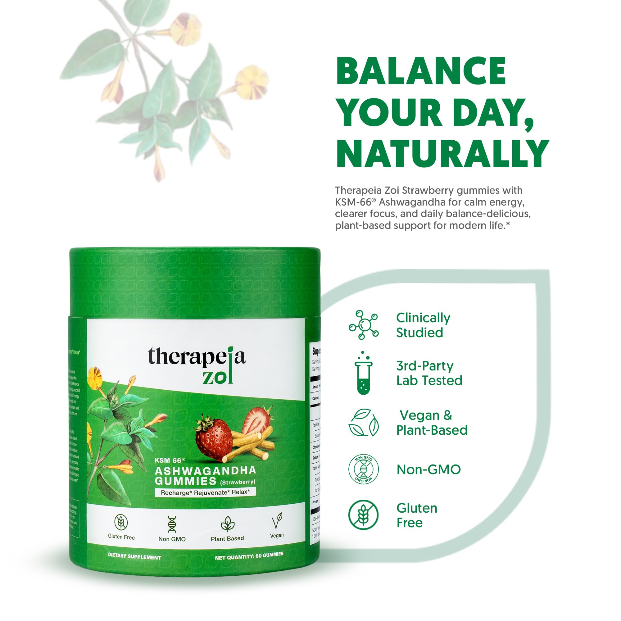Therapeia Zoi Ashwagandha gummies for women and men showing broad stress support