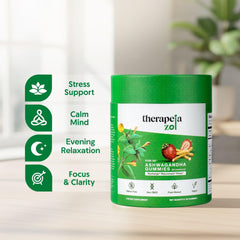 Therapeia Zoi KSM66 gummies closeup highlighting strawberry flavor and calm potential