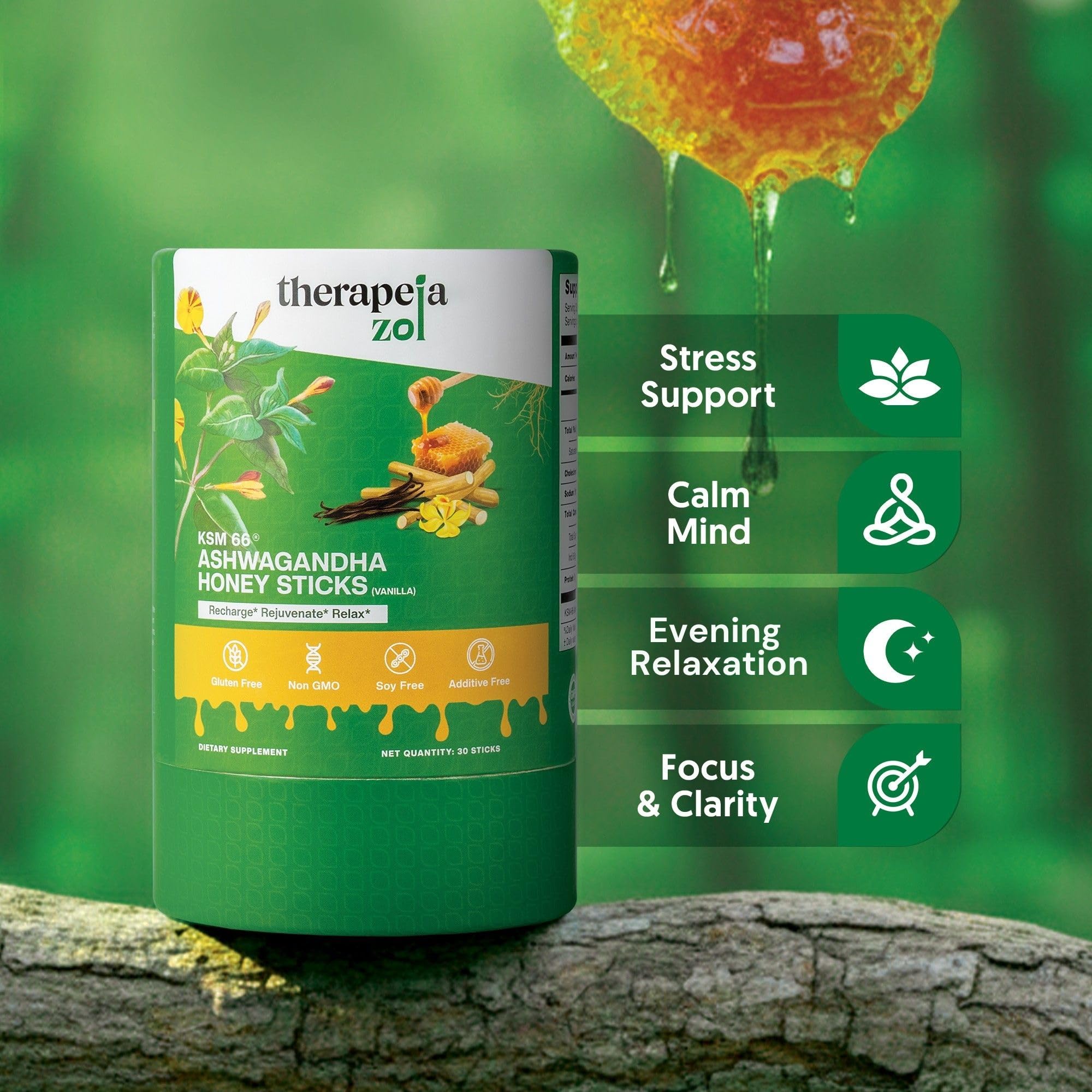 Therapeia Zoi KSM-66 Ashwagandha honey-stick dissolving in tea for a comforting ritual