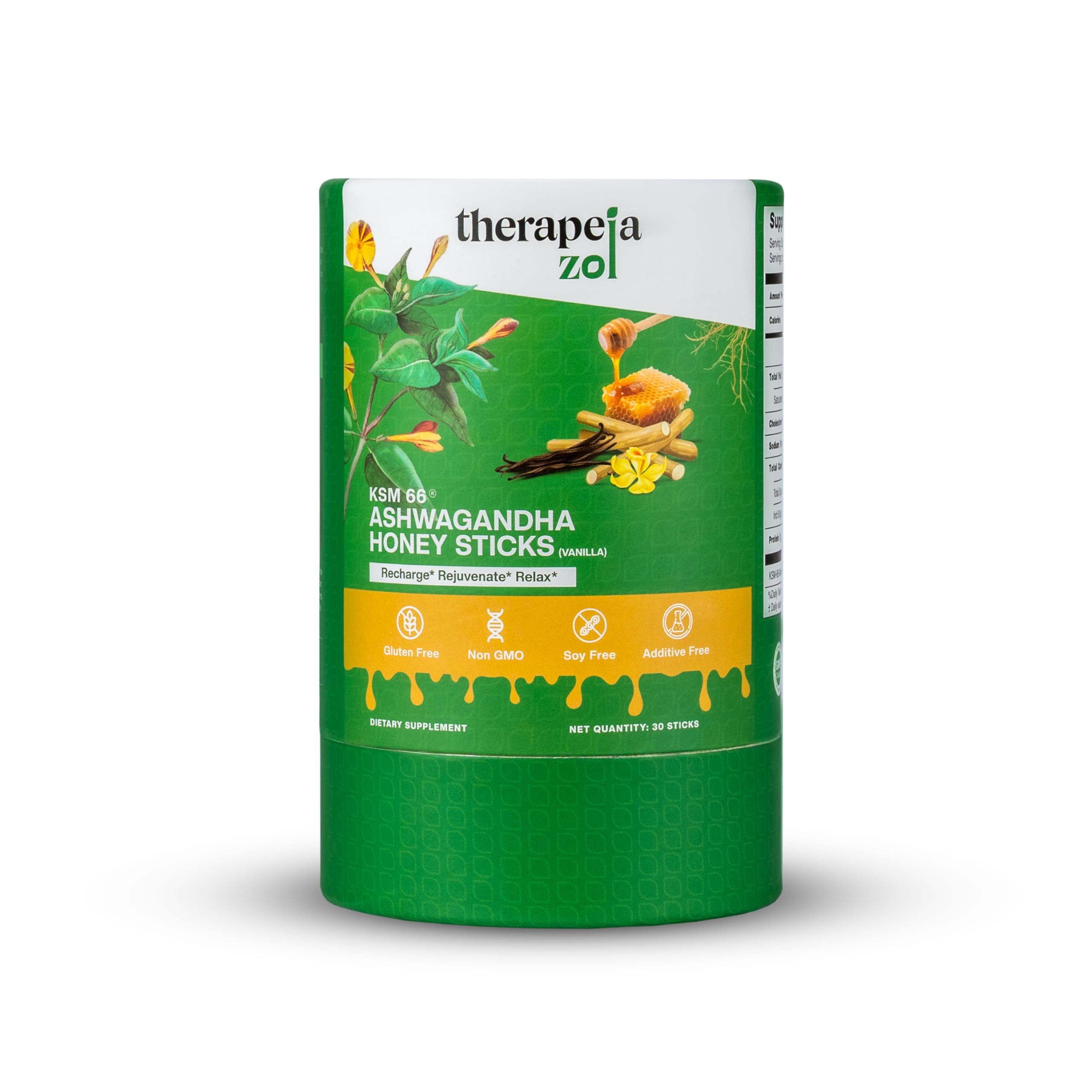 Therapeia Zoi KSM-66 Ashwagandha honey stick vanilla close-up showing daily balance potential