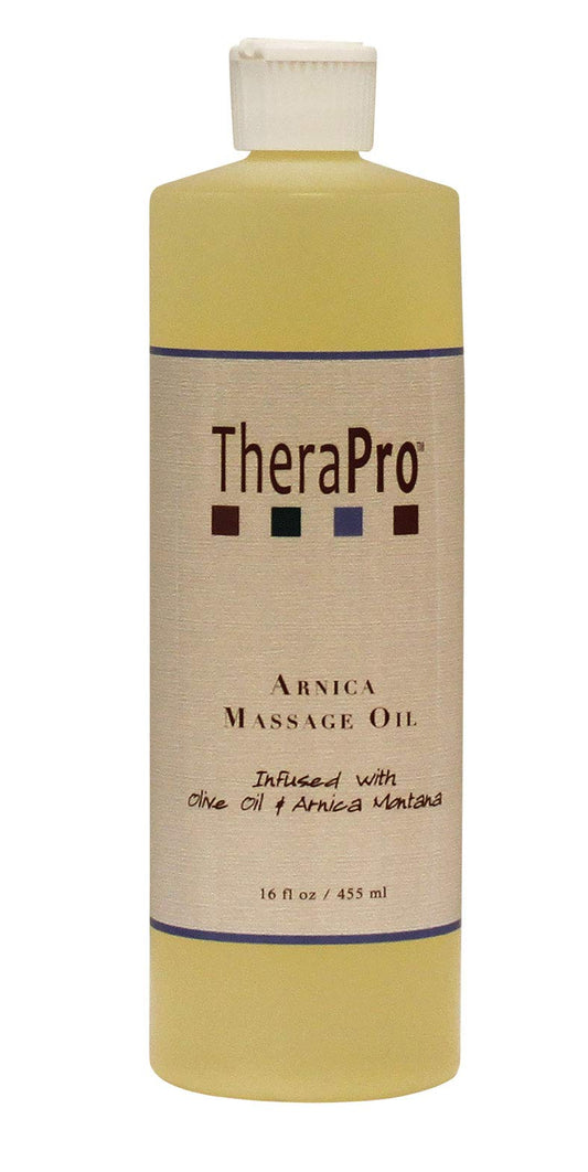 TheraPro Arnica Massage Oil bottle ready for a sports massage session