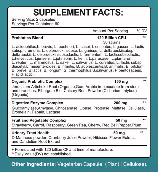 TheraSuva Probiotics 36 strains infographic highlights diverse microbial support for balanced digestion