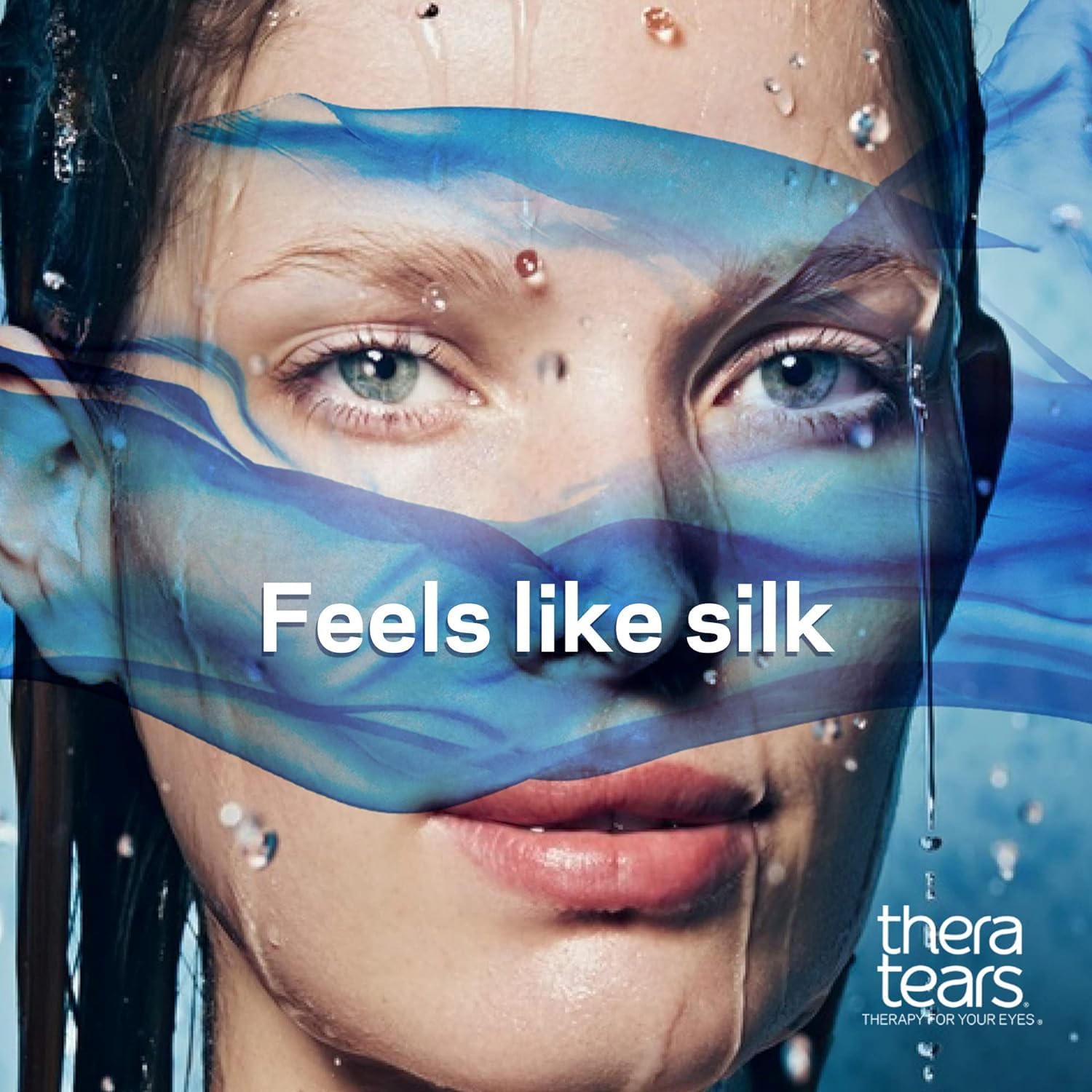 TheraTears bottle closeup highlights a gentle hypotonic formula for moisture balance.
