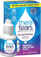 TheraTears bottle pour demonstrates quick eye lubrication for dry, irritated eyes.