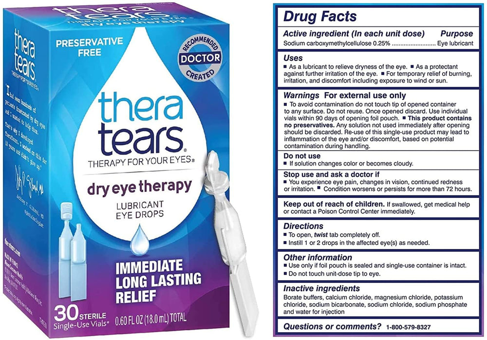 TheraTears Dry Eye Therapy 30-vial pack offering portable, preservative-free relief for dry eyes.
