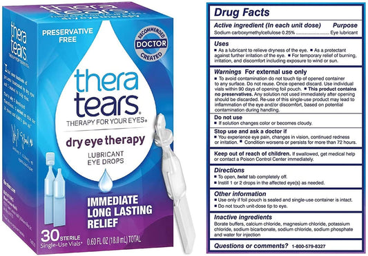 TheraTears Dry Eye Therapy 30-vial pack offering portable, preservative-free relief for dry eyes.