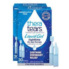 TheraTears nighttime liquid gel eye drops bottle close-up for soothing overnight lubrication.