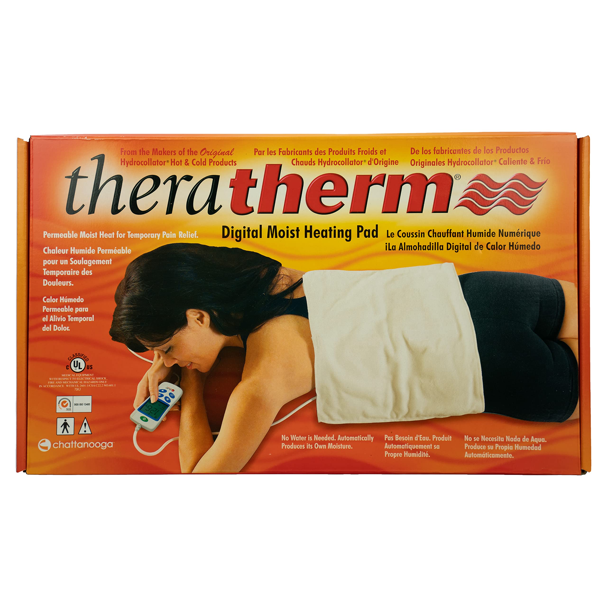 Large 14x27 pad with flannel cover for moisture-assisted warmth during relief sessions.