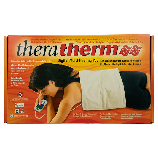 Large 14x27 pad with flannel cover for moisture-assisted warmth during relief sessions.