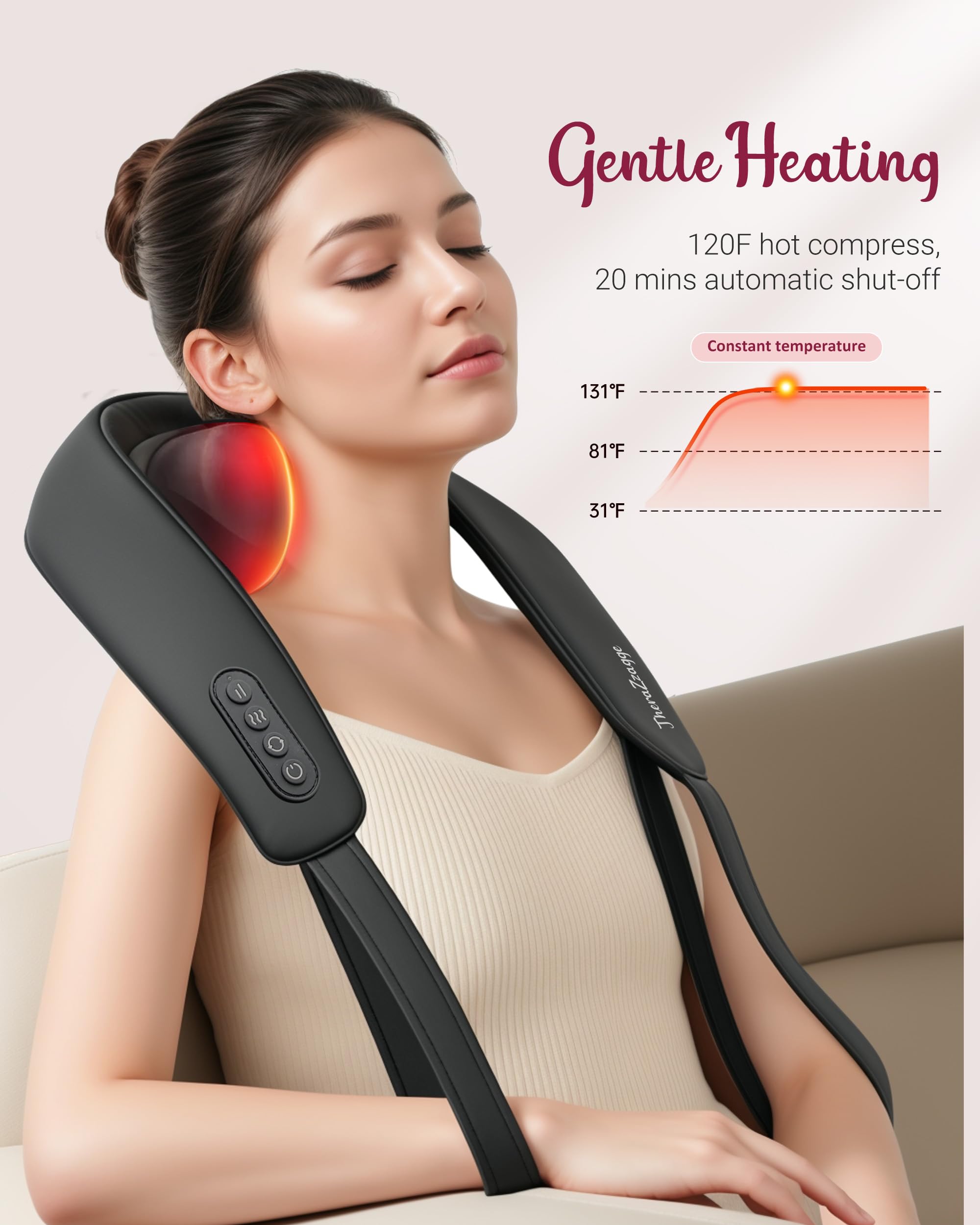 THERAZZAGGE heat settings 104°F and 120°F add gentle warmth for relaxation.