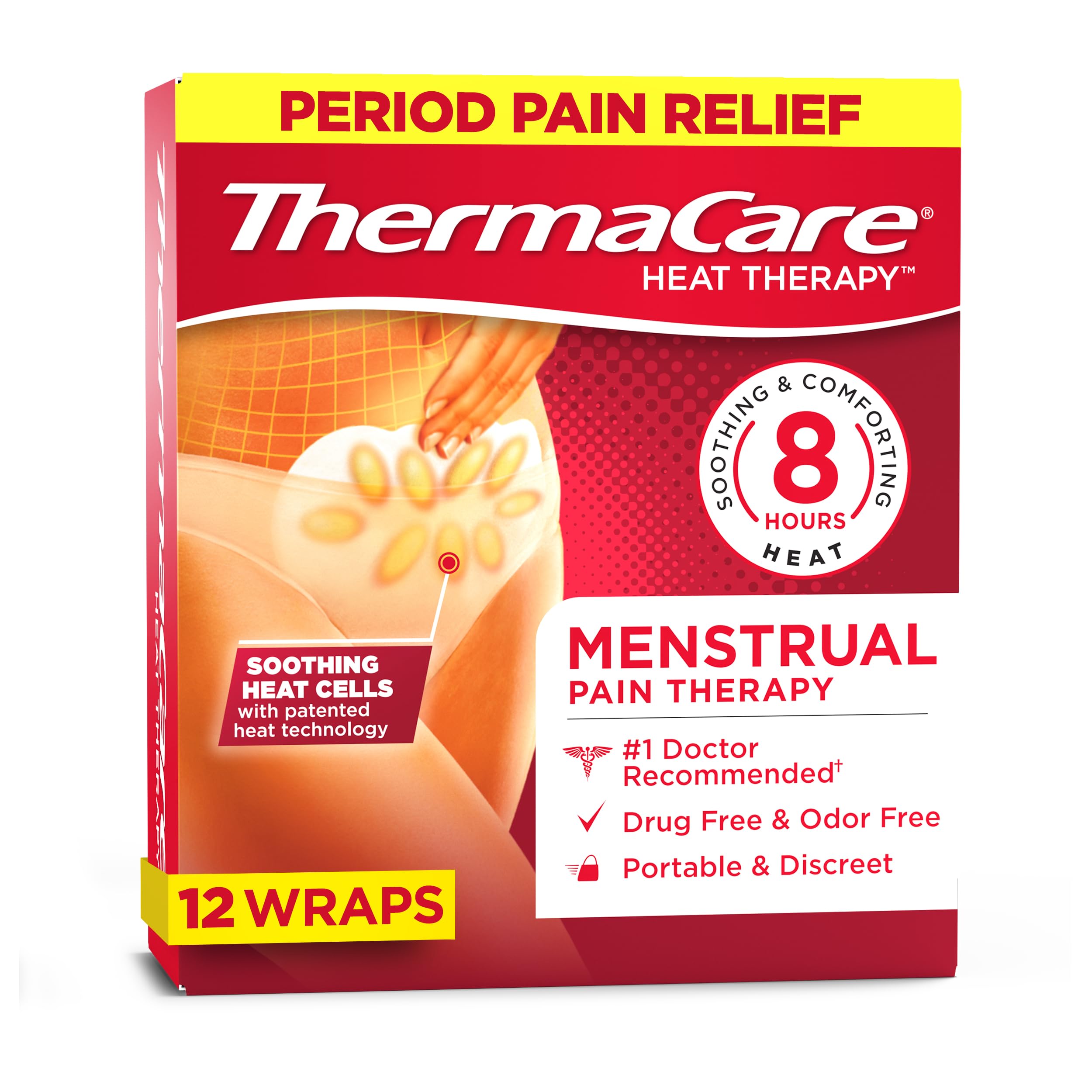 ThermaCare menstrual heating pad adhesive undergarment for targeted, discreet cramps relief.