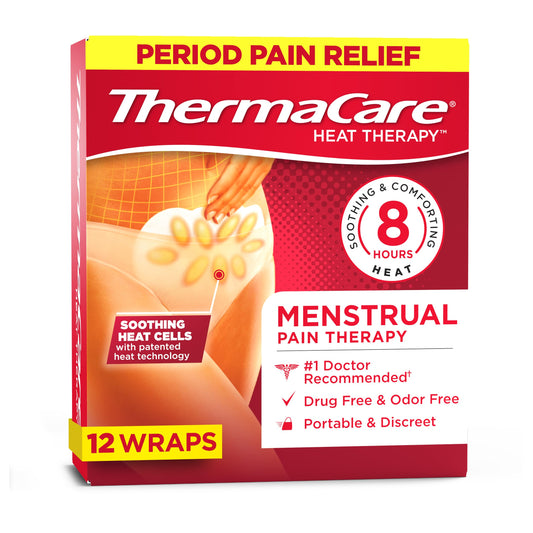 ThermaCare menstrual heating pad adhesive undergarment for targeted, discreet cramps relief.