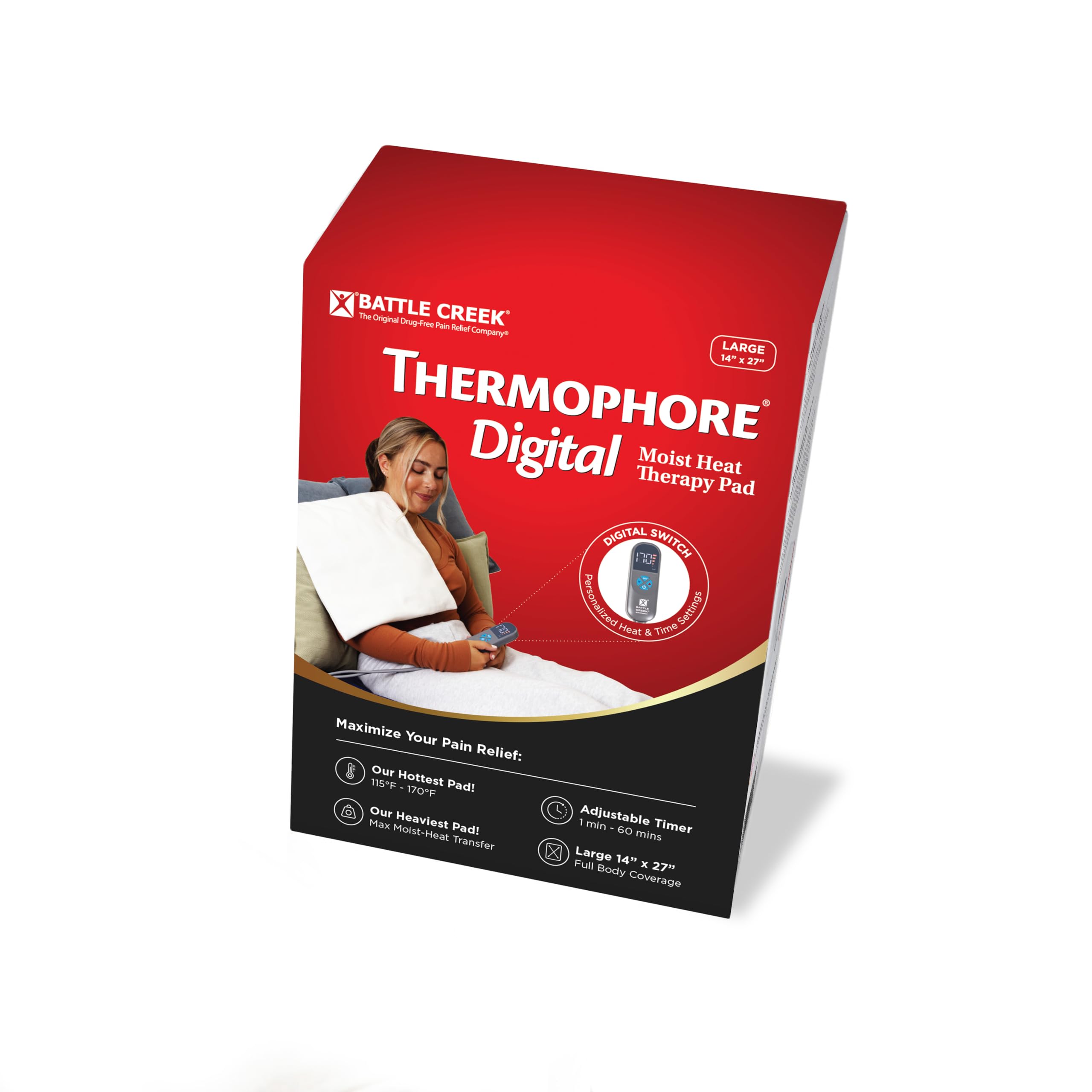 Thermophore digital control panel with precise heat and timer settings.