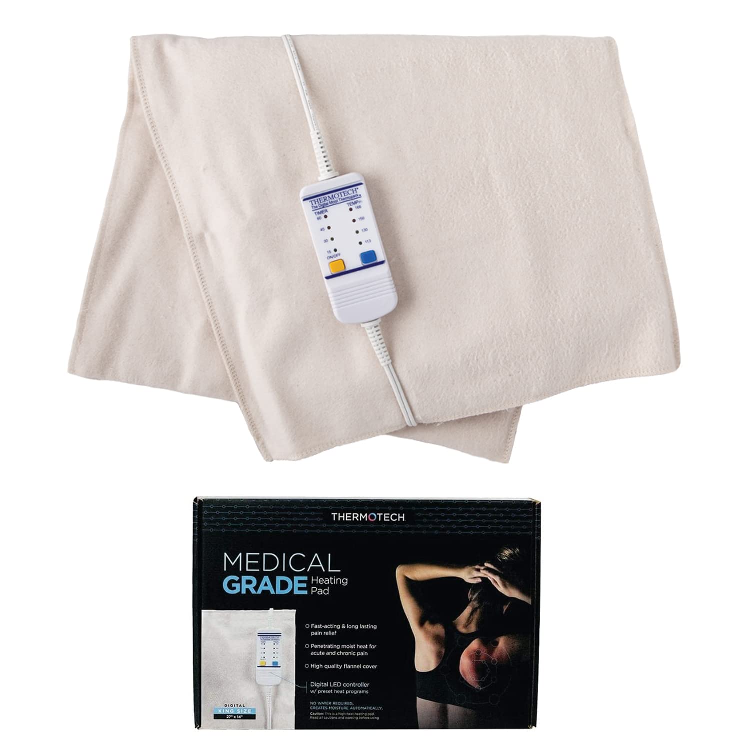 Thermotech heating pad with automatic moist heat, king-size 26 by 14 inches for deep warmth