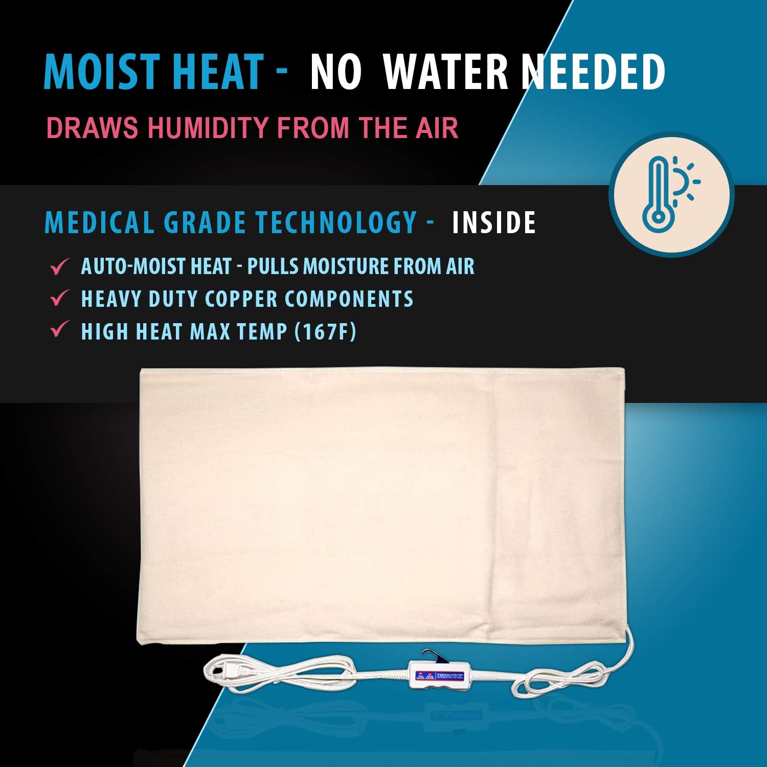 Soft flannel cover of Thermotech pad keeps skin comfortable during use.