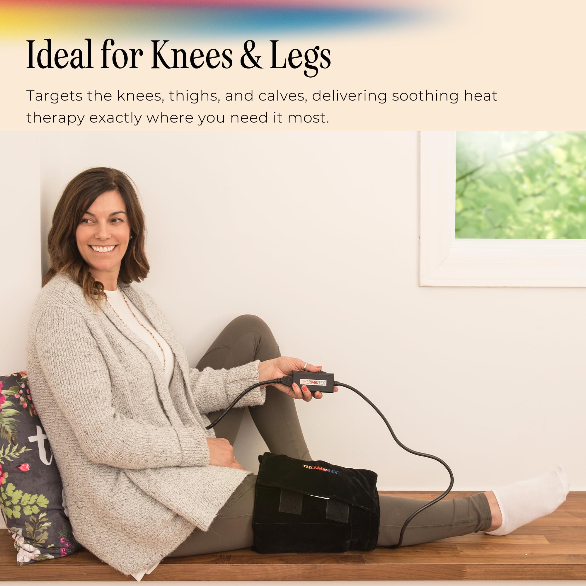 Thermotex knee heating pad layered construction suggests durable design.