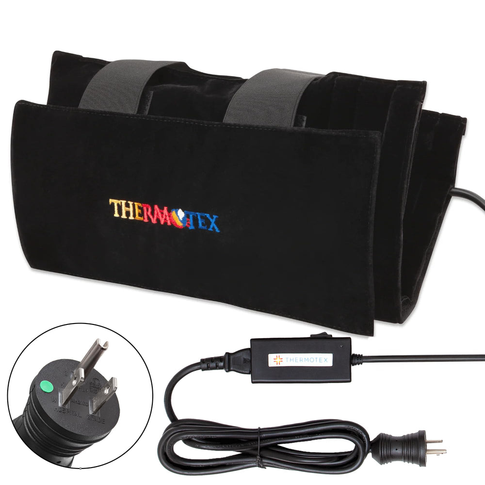 Thermotex knee heating pad front view with dual infrared inserts for deep heat delivery.