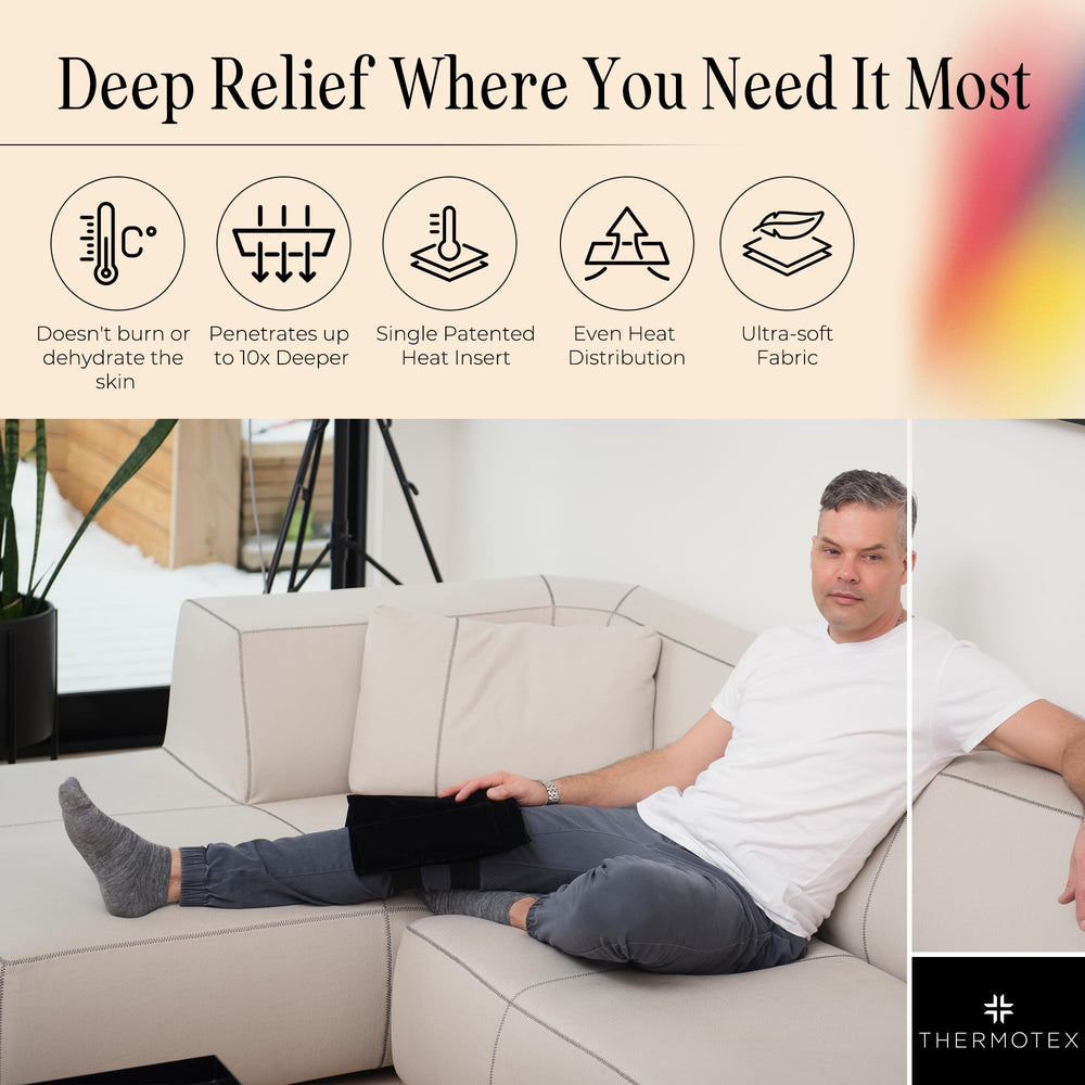 Thermotex knee heating pad on thigh shows broader coverage.