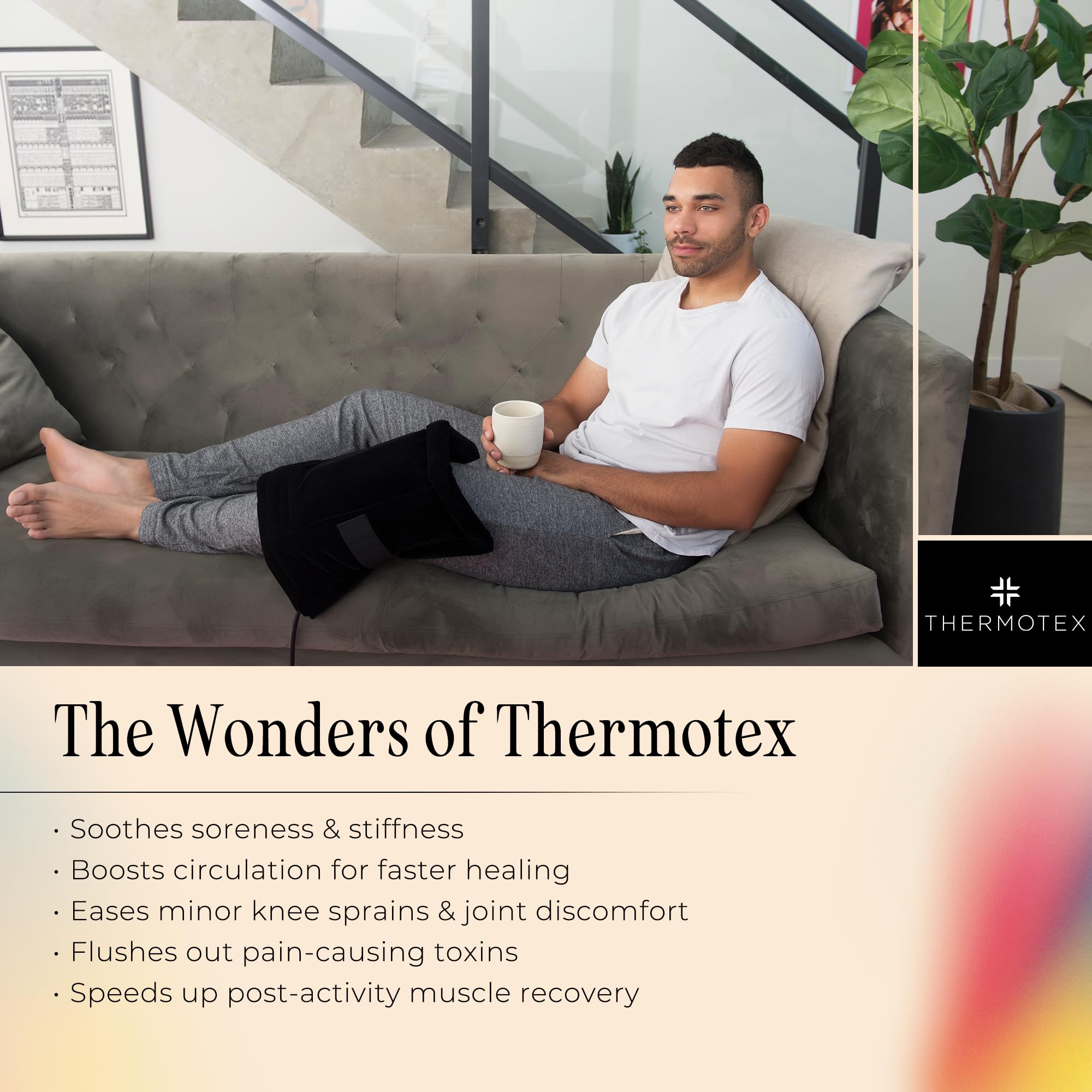 Thermotex knee heating pad side view showing adjustable wrap for secure wear.