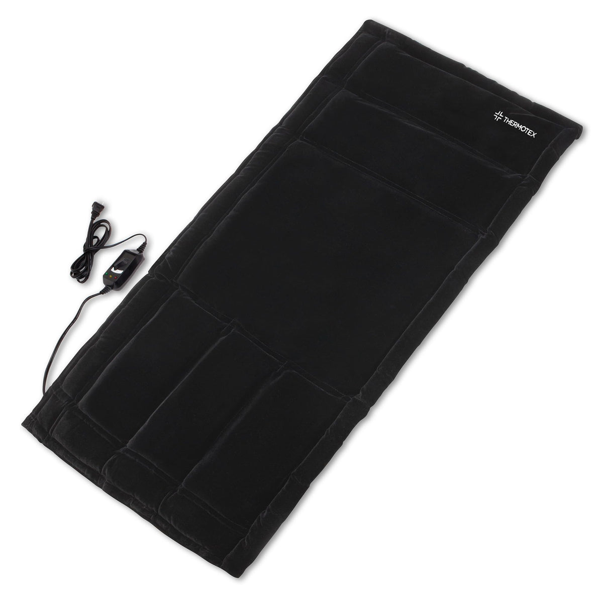 Thermotex Professional heating pad shown with neck-to-hips coverage for full body warmth.