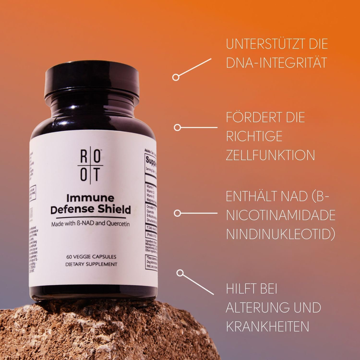 Root Wellness ingredients label reveals D, C, K2, quercetin, enzymes, and minerals.