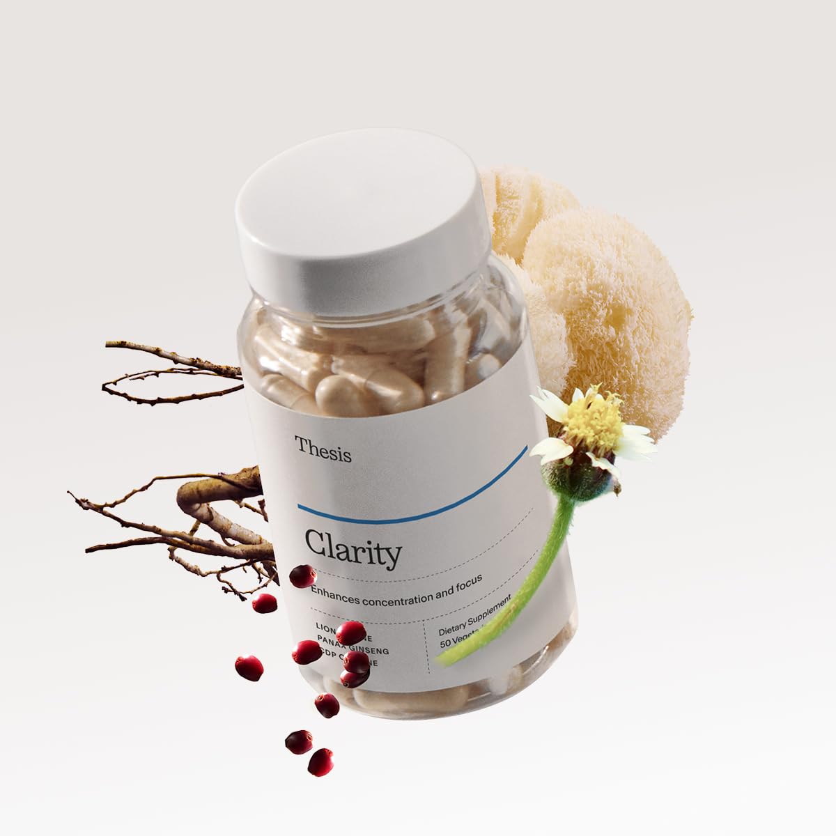 Thesis Clarity dosing scene highlighting two-capsule serving for daily consistency