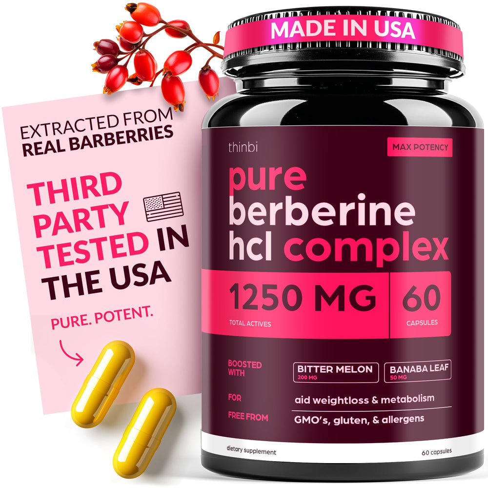 THINBI Berberine 1250mg bottle label highlighting metabolic support.