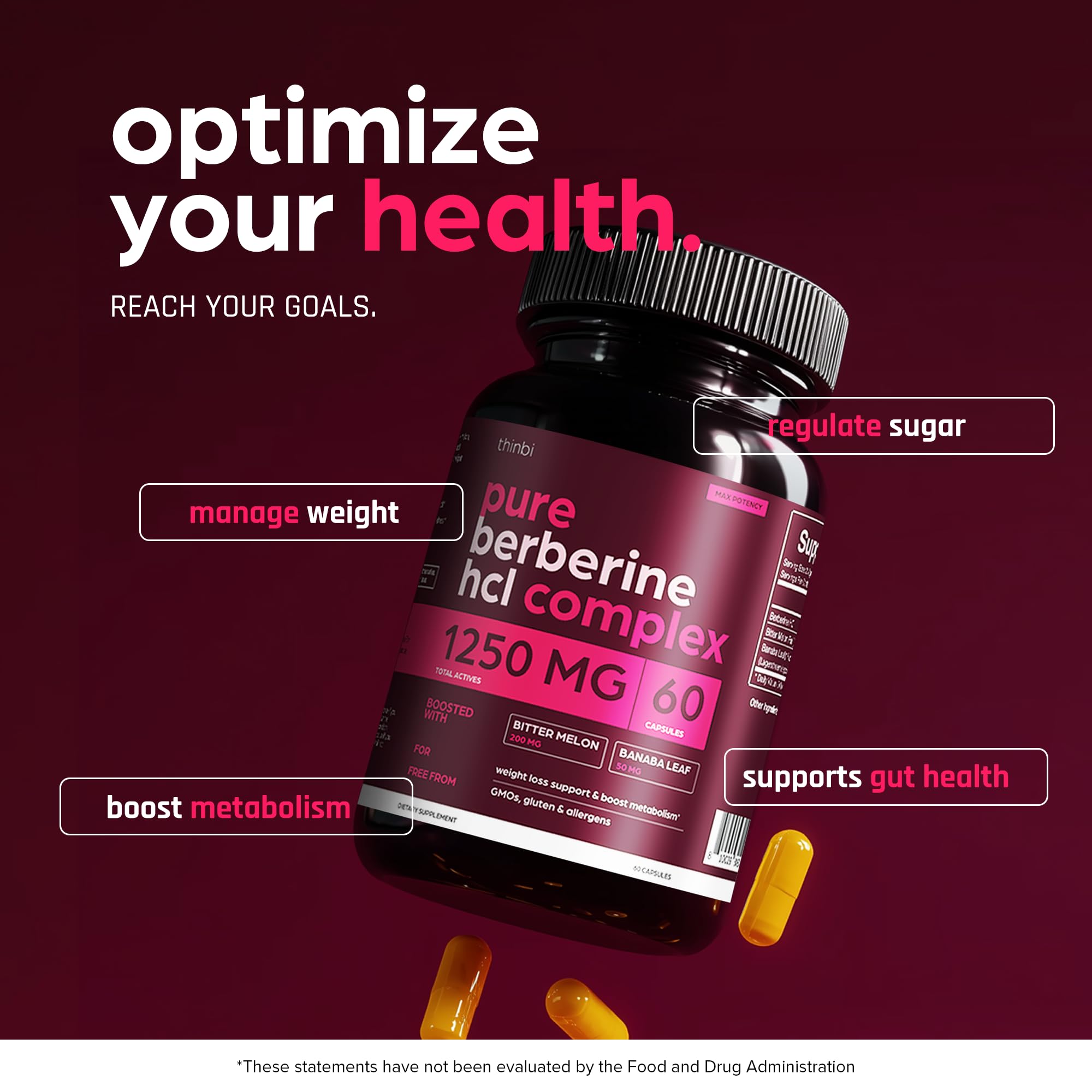 THINBI berberine capsules closeup shows easy-to-swallow, high-potency formulation.