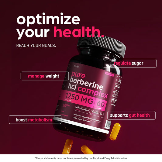 THINBI berberine capsules closeup shows easy-to-swallow, high-potency formulation.