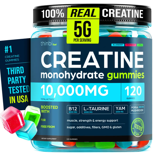 Thinbi Creatine Gummies Monohydrate bottle highlighting 120 gummies for daily energy and muscle support.