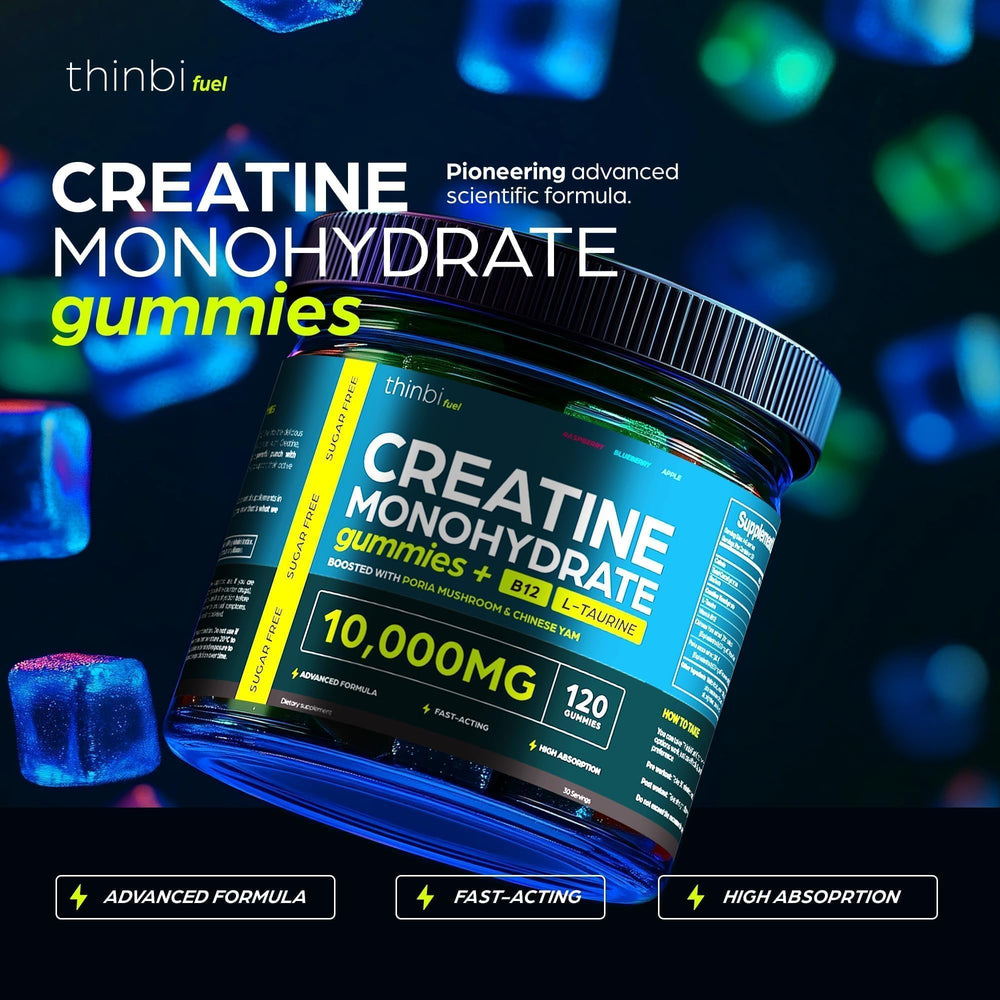 Thinbi Creatine Gummies Monohydrate pour showing ready-to-take pre-workout option for performance.