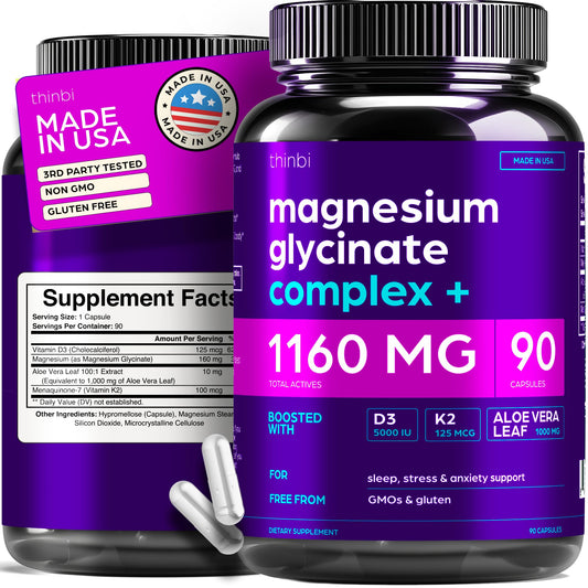 Thinbi Magnesium Glycinate 1160mg bottle showcases high absorption formula.