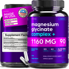 Thinbi Magnesium Glycinate 1160mg bottle showcases high absorption formula.