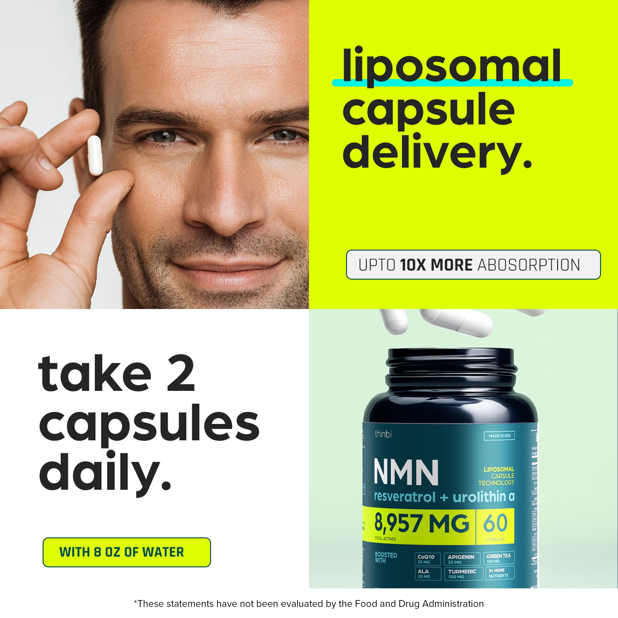 Thinbi NMN supplement enriched with green tea extract detail for antioxidant power.