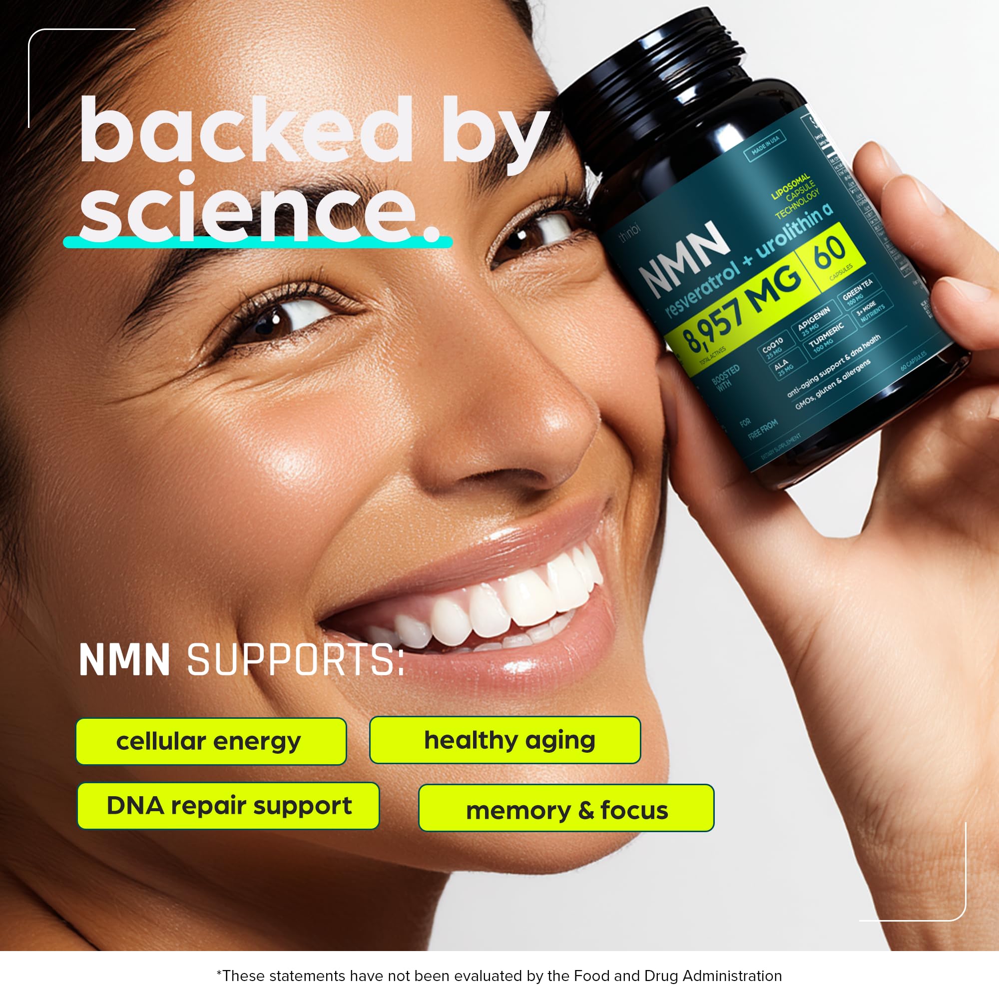 Thinbi NMN supplement label highlighting NAD+ content for transparency.