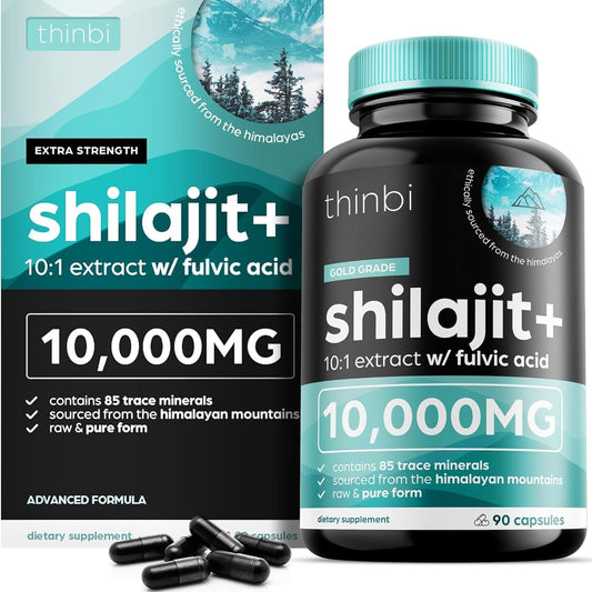 Thinbi Shilajit Capsules bottle front showing a 90-count supply for daily energy support