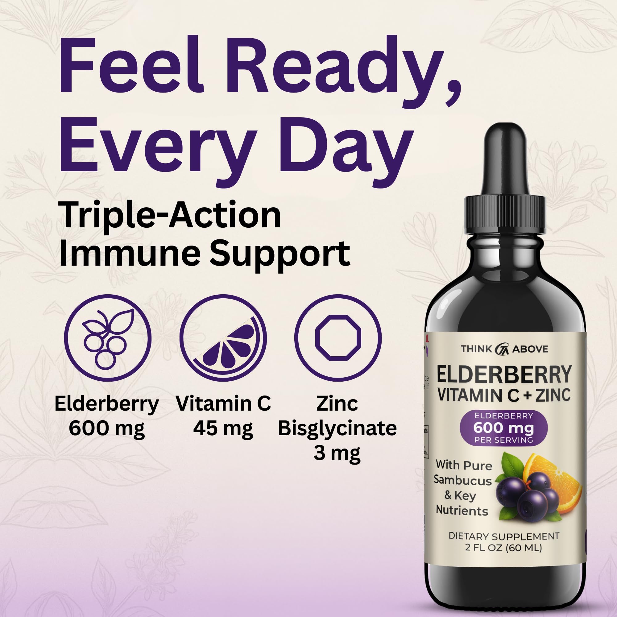 Think Above elderberry drops pour showing easy 2 ml servings.