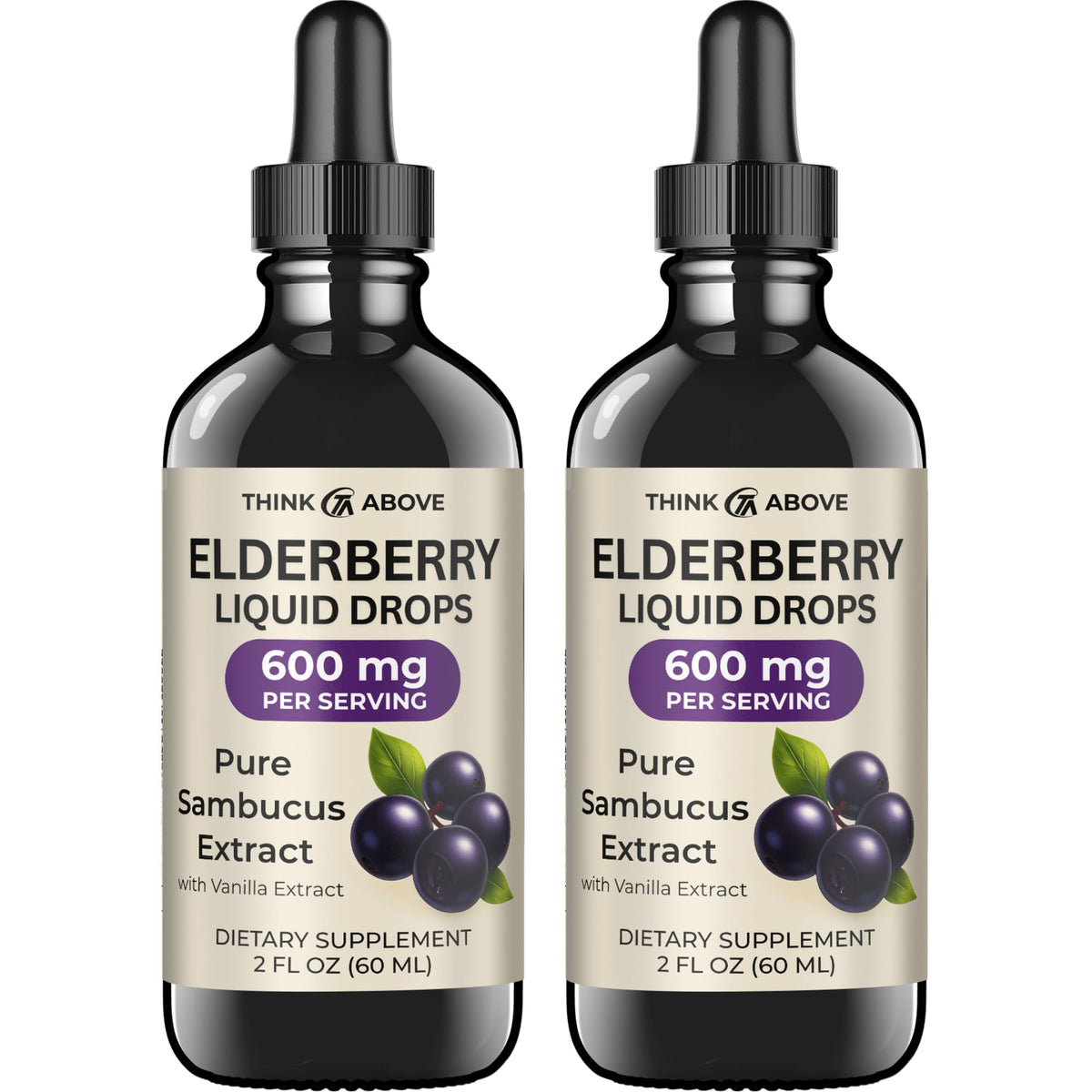 Think Above Elderberry Liquid Drops bottle close-up with vanilla flavor for daily immune support