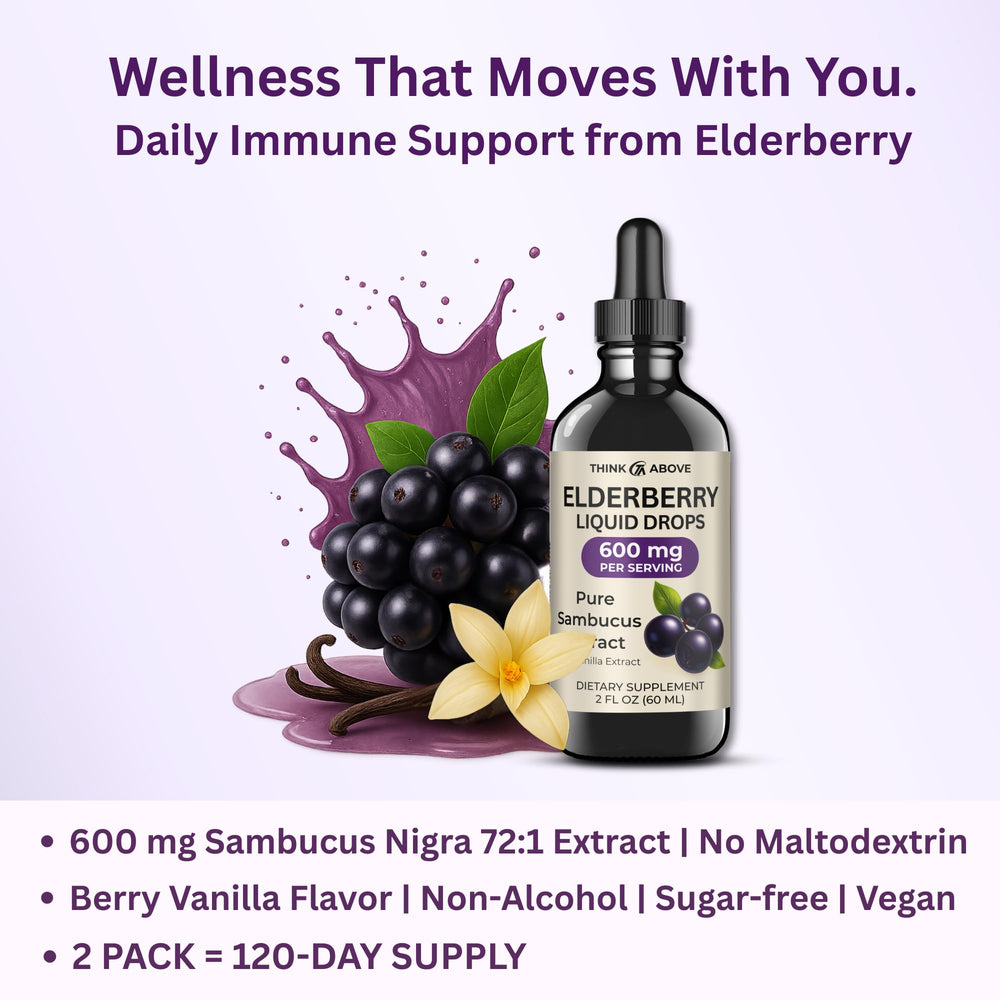 Think Above Elderberry Liquid Drops glass bottle emphasizing purity and fast absorption