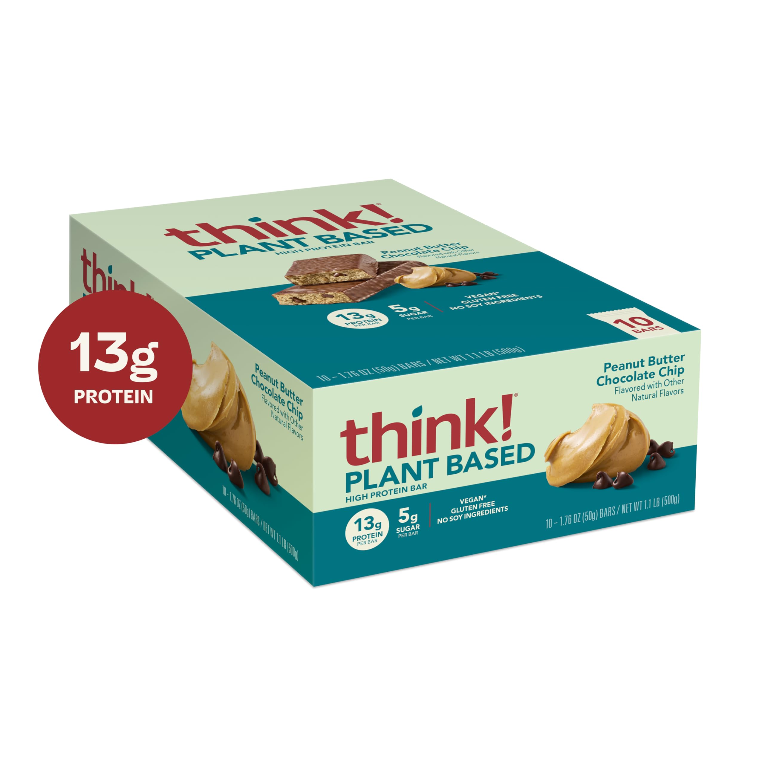 think! bar peanut butter chocolate chip closeup shows creamy texture and chocolate chips