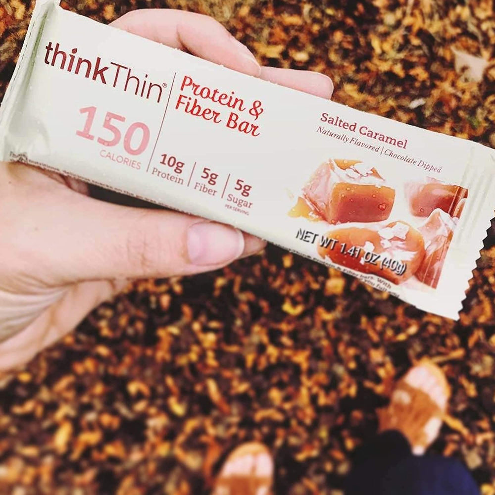 thinkThin Salted Caramel bar bite reveals rich flavor and satisfying bite