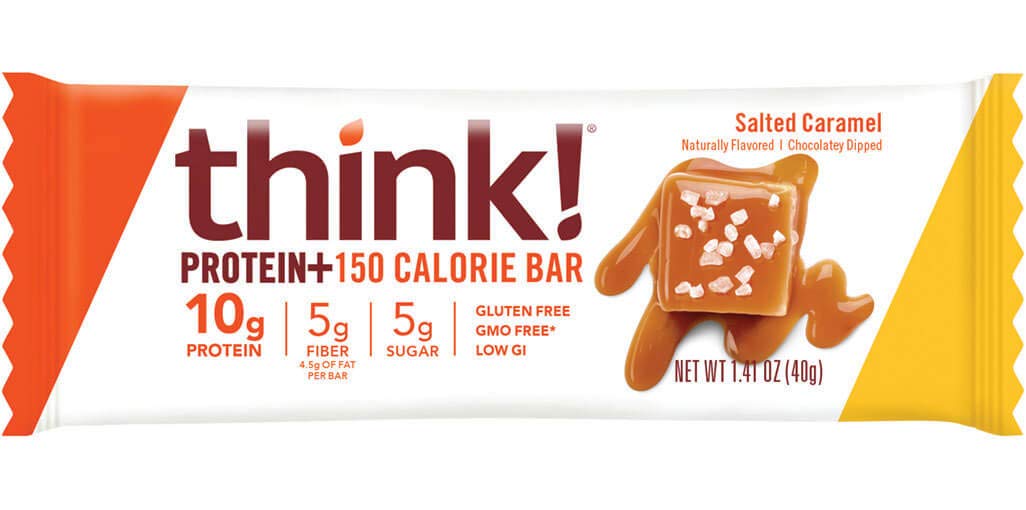 thinkThin Salted Caramel bar unwrapped closeup highlights chewy texture and protein boost